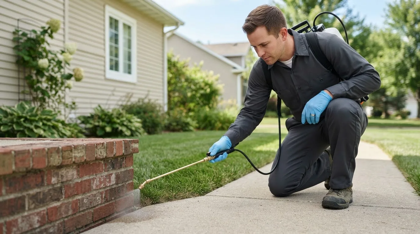 Pest control technician treating a home near Burlington, PA